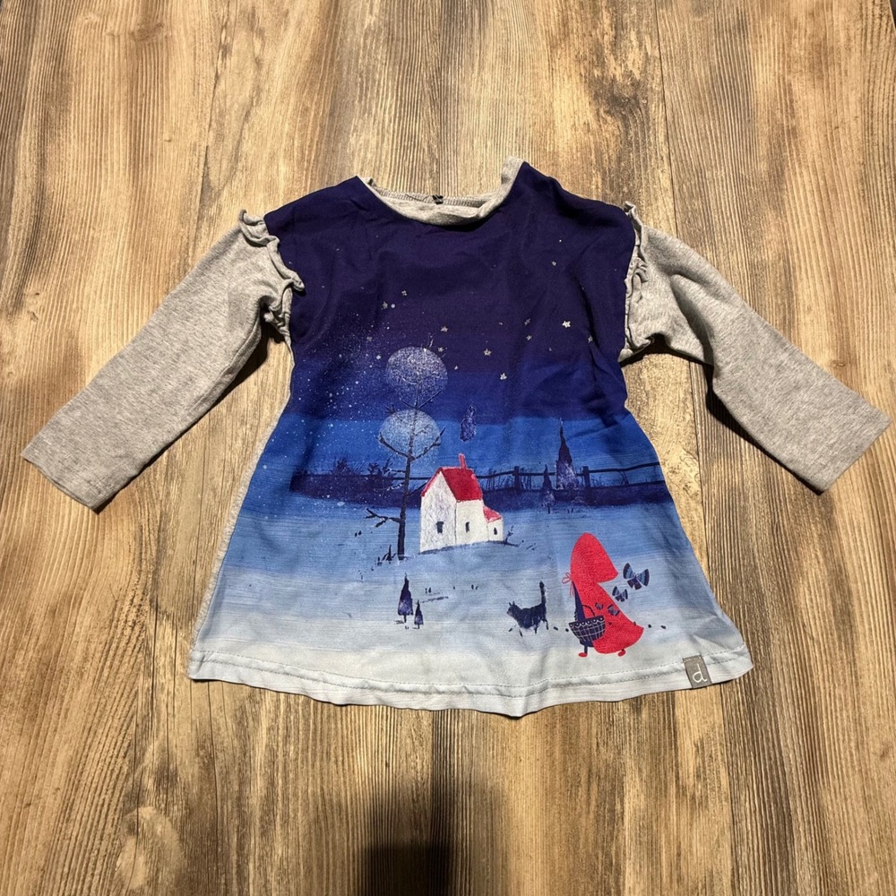 Deux par Deux Girls Blue Grey Storybook Graphic Ruffle Long Sleeve Top 18M